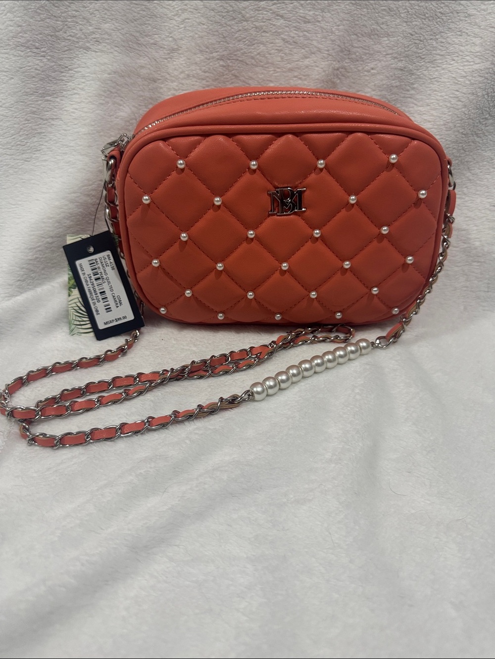 NWT!! Badgley Mischka Diamond Quilted Camera Bag With Pearls - Coral